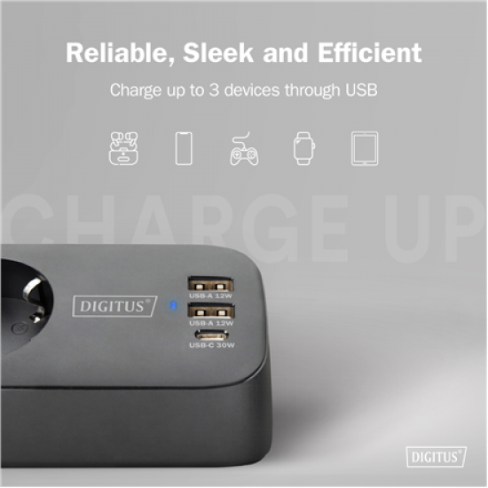 Digitus 3-way office socket strip with 2x USB-A and 1x USB-C connections | DA-70625