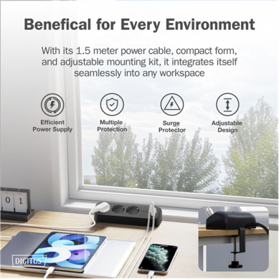 Digitus 3-way office socket strip with 2x USB-A and 1x USB-C connections | DA-70625