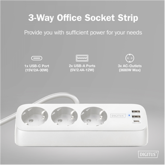 Digitus 3-way office socket strip with 2x USB-A and 1x USB-C connections | DA-70626