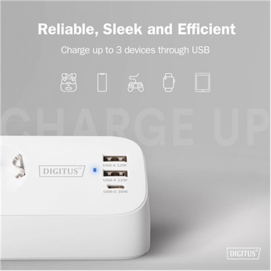 Digitus 3-way office socket strip with 2x USB-A and 1x USB-C connections | DA-70626
