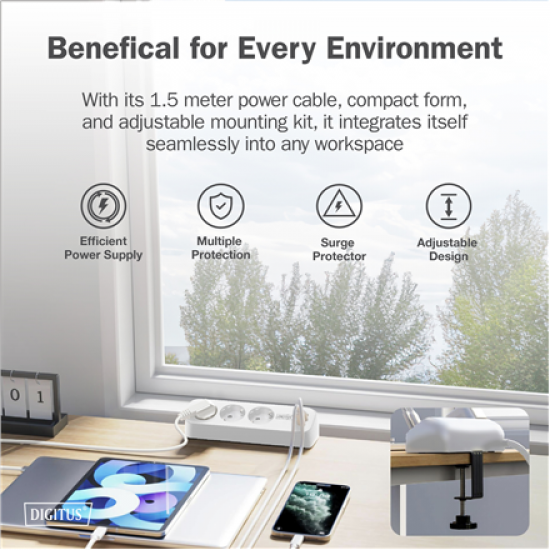 Digitus 3-way office socket strip with 2x USB-A and 1x USB-C connections | DA-70626
