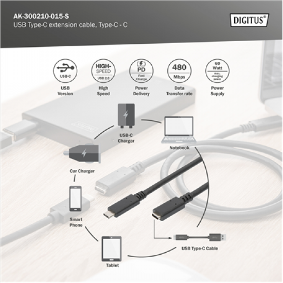 Digitus USB Type-C extension cable, Type-C - C | AK-300210-015-S