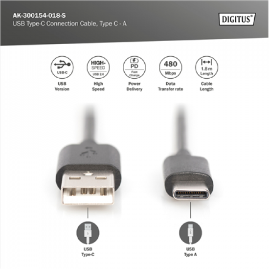 Digitus USB Type-C connection cable, Type USB-A to USB-C | AK-300154-018-S