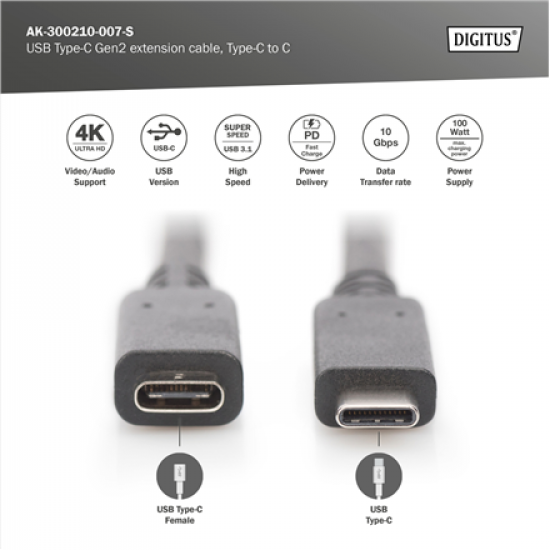 Digitus USB Type-C Gen2 extension cable, Type-C to C | AK-300210-007-S
