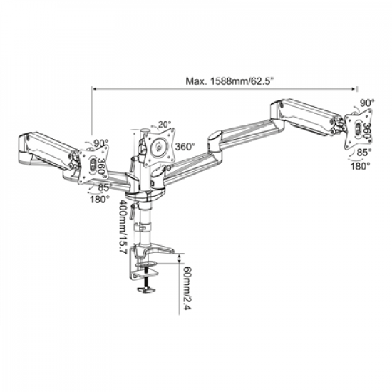 Digitus Desk Mount | Triple Monitor Gas Spring Mount DA-90363 | Adjustable Height, Tilt, Swivel | 15-27 