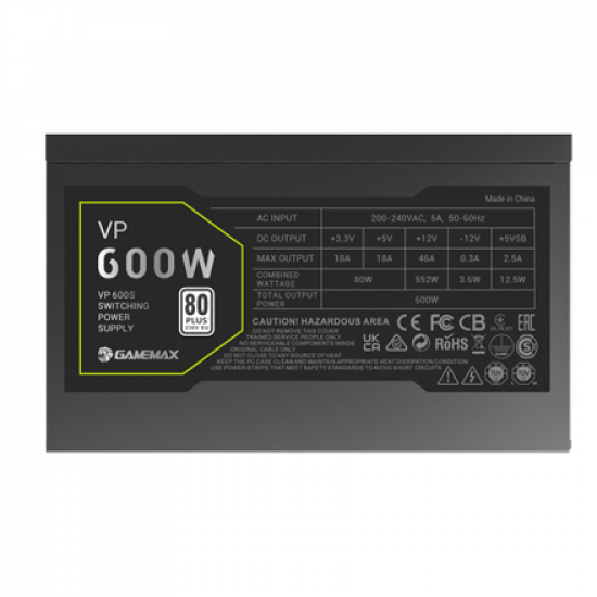 Gamemax PSU | VP 600S | 600 W | Bronze | Non-Modular