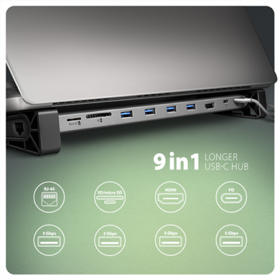 AXAGON USB-C 5Gbps LONGER 9in1 hub | HMC-10HLS
