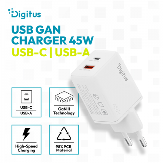 Digitus USB GaN Charger 45W, 1x USB-C, 1x USB-A | DA-10302