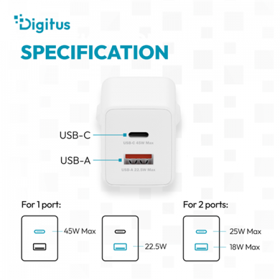 Digitus USB GaN Charger 45W, 1x USB-C, 1x USB-A | DA-10302