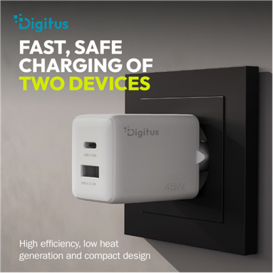 Digitus USB GaN Charger 45W, 1x USB-C, 1x USB-A | DA-10302