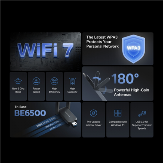 Mercusys MA37BEH BE6500 Wi-Fi 7 High-Gain Wireless USB Adapter | Mercusys