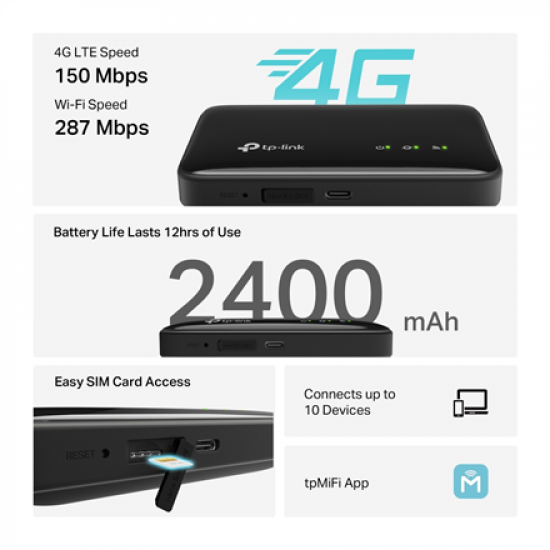 TP-LINK 4G LTE Mobile Wi-Fi | M7005 | 802.11ax | MU-MiMO No | no PoE | Antenna type Internal