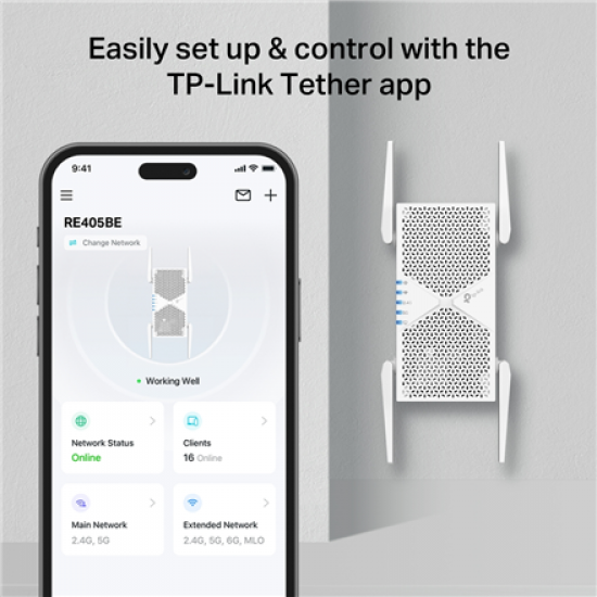 TP-Link RE405BE BE6500 Dual-Band Wi-Fi 7 Range Extender