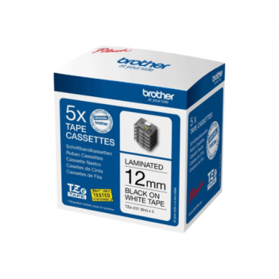 Brother TZE231M5 | Black on white | Laminated tape | 1.2 cm x 8 m
