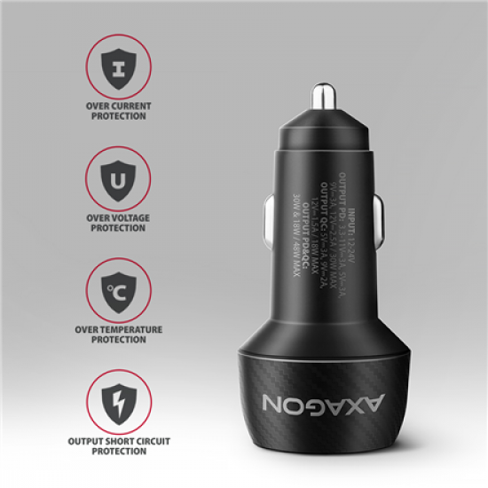 AXAGON PWC-PQ48 Car charger 48W, USB-A + USB-C, PD3.0/PPS/QC4+/SFC, Black