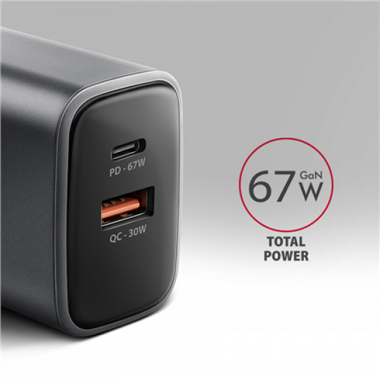 AXAGON ACU-PQ67 GaN Wall charger 67W, 2x port (USB-A + USB-C) PD3.0/PPS/QC4+/SFC 2.0/Apple, Black