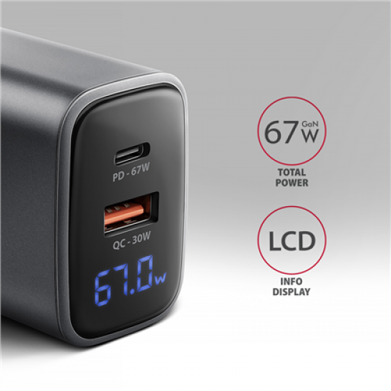 AXAGON ACU-PQ67D GaN Wall charger 67W, USB-A + USB-C, PD3.0/PPS/QC4+/SF, Black