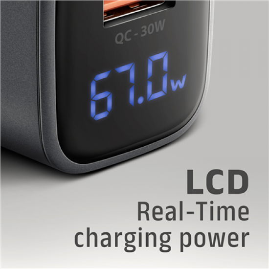 AXAGON ACU-PQ67D GaN Wall charger 67W, USB-A + USB-C, PD3.0/PPS/QC4+/SF, Black