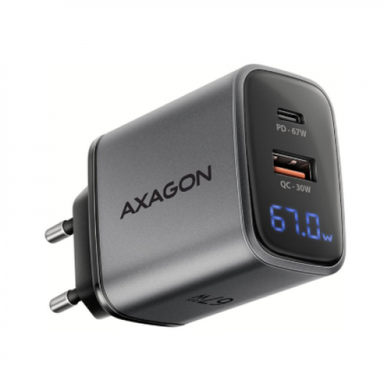 AXAGON ACU-PQ67D GaN Wall charger 67W, USB-A + USB-C, PD3.0/PPS/QC4+/SF, Black