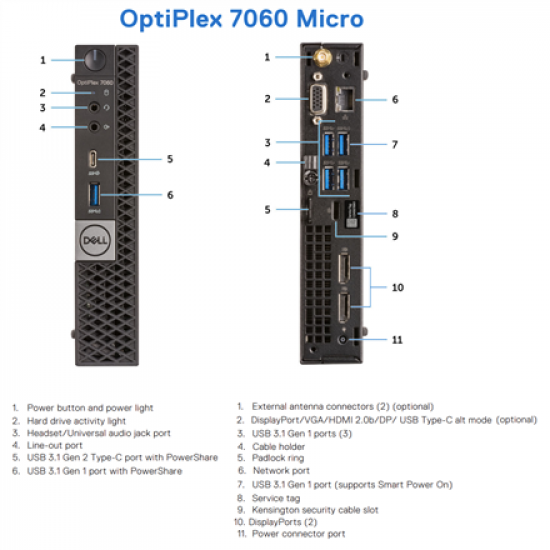 DELL Renewed Grade A | OptiPlex 7060 Micro | Intel Core i5 | i5‑8500T | 8 GB | SSD | 256 GB | Intel UHD Graphics 630 | Windows 11 Pro