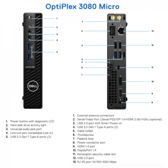DELL Renewed Grade A | OptiPlex 3080 Micro | Intel Core i5 | i5‑10500T | 8 GB | SSD | 256 GB | Intel UHD Graphics 630 | Windows 11 Pro