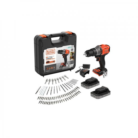 BLACK & DECKER 18V Impact Drill (with 2 x 18V 2.0Ah batteries with charge status indicator, 1A charger and 80 accessories) | BCD383D2XKA-QW | 2.0 Ah