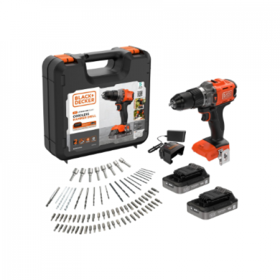 BLACK & DECKER 18V Impact Drill (with 2 x 18V 2.0Ah batteries with charge status indicator, 1A charger and 80 accessories) | BCD383D2XKA-QW | 2.0 Ah