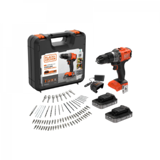 BLACK & DECKER 18V Impact Drill (with 2 x 18V 2.0Ah batteries with charge status indicator, 1A charger and 80 accessories) | BCD383D2XKA-QW | 2.0 Ah