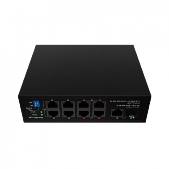 Lanberg Switch PoE 4xBT 4xAT SFP/ETH Din Unmanagment Fast Ethernet | ILFE-8P-1GE-1S-120 | Unmanaged | Din rail, Rack