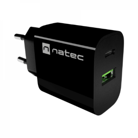 Natec Ribera USB Charger 1X USB-A + 1X USB-C 20W, Black