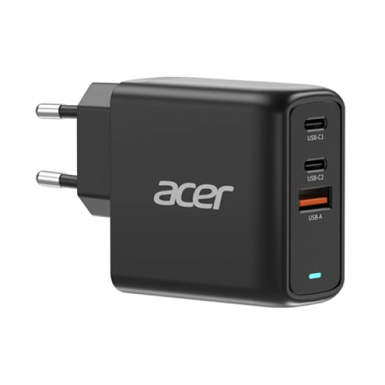 Acer 67W PD GaN Charger, 2 x USB C and 1 x USB A, EU Plug, 100W USB C cable, Black (Retail Pack)