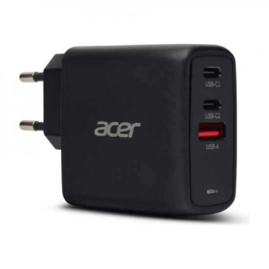 Acer 67W PD GaN Charger, 2 x USB C and 1 x USB A, EU Plug, 100W USB C cable, Black (Retail Pack)