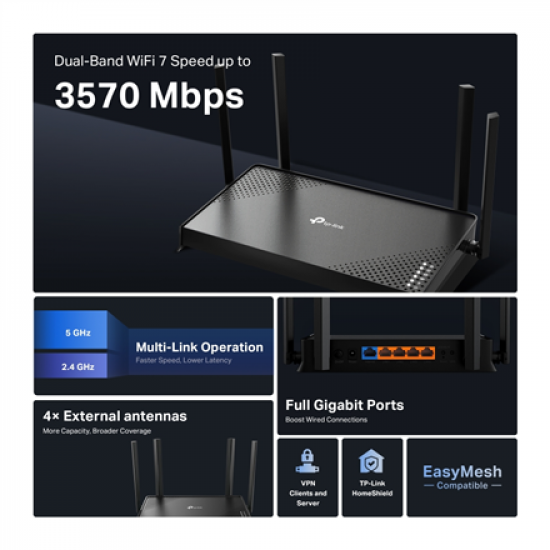 TP-LINK Archer BE220 | BE3600 Dual-Band Wi-Fi 7 Router | 802.11be | Ethernet LAN (RJ-45) ports 4 | 10/100/1000 Mbit/s | Mesh Support No | MU-MiMO No | Antenna type External | No mobile broadband