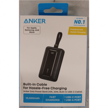 Anker Power Bank with Built-In USB-C Cable | A1688H11 | 10000 mAh | Black | DAMAGED PACKAGING