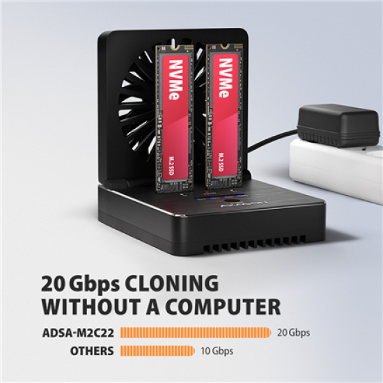 AXAGON ADSA-M2C22 USB-C 20Gbps docking station for 2x M.2 NVMe / SATA SSD with disk cloning function without PC