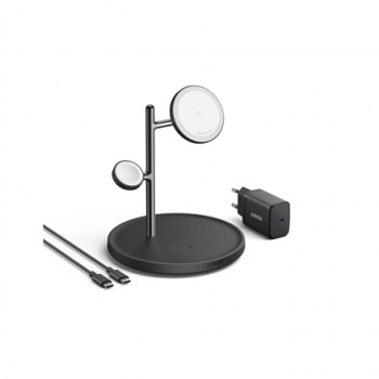Anker MagGo Wireless Charging Station (15W, 3-in-1 Stand) with cable and charger bundle