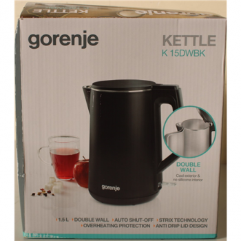 SALE OUT. Gorenje K15DWBK Kettle, Electric, Capacity 1.5 L, Power 2200 W, Stainless Steel, Black | SALE OUT. Gorenje | Kettle | K15DWBK | Electric | 2200 W | 1.5 L | Stainless steel | 360° rotational base | Black | DAMAGED PACKAGING