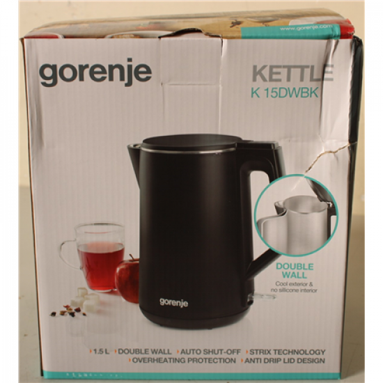 SALE OUT. Gorenje K15DWBK Kettle, Electric, Capacity 1.5 L, Power 2200 W, Stainless Steel, Black | SALE OUT. Gorenje | Kettle | K15DWBK | Electric | 2200 W | 1.5 L | Stainless steel | 360° rotational base | Black | DAMAGED PACKAGING