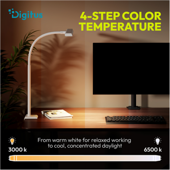 Digitus LED Desk Lamp, 50 cm, White | DA-90491 | 1025 lm | 7 W | 3000-6500 K | Warm to cold white light | LED lamp | 10 V