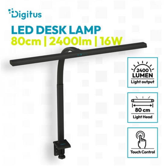 Digitus LED Desk Lamp, 80 cm, Black | DA-90492 | 2400 lm | 16 W | 3000-6500 K | Warm white | LED lamp | 10 V