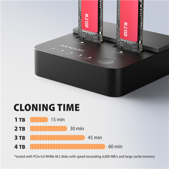 AXAGON ADSA-M2C22L USB-C 20Gbps docking station for 2× M.2 NVMe SSD with disk cloning function without PC