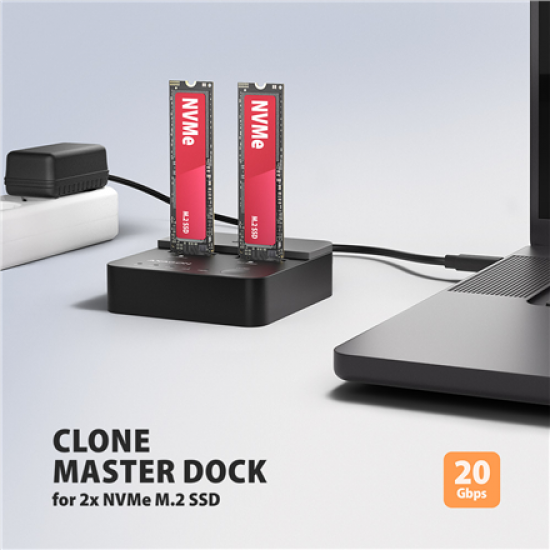 AXAGON ADSA-M2C22L USB-C 20Gbps docking station for 2× M.2 NVMe SSD with disk cloning function without PC