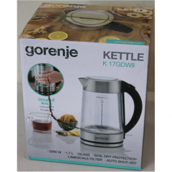 SALE OUT. Gorenje K17GDWII Kettle, Electric, Capacity 1.7 L, Power 2200 W, Stainless steel | SALE OUT. | Gorenje Kettle | K17GDWII | 2200 W | Electric | 1.7 L | 360° rotational base | Stainless steel/Glass | Stainless steel/Transparent | DAMAGED PACKAGING
